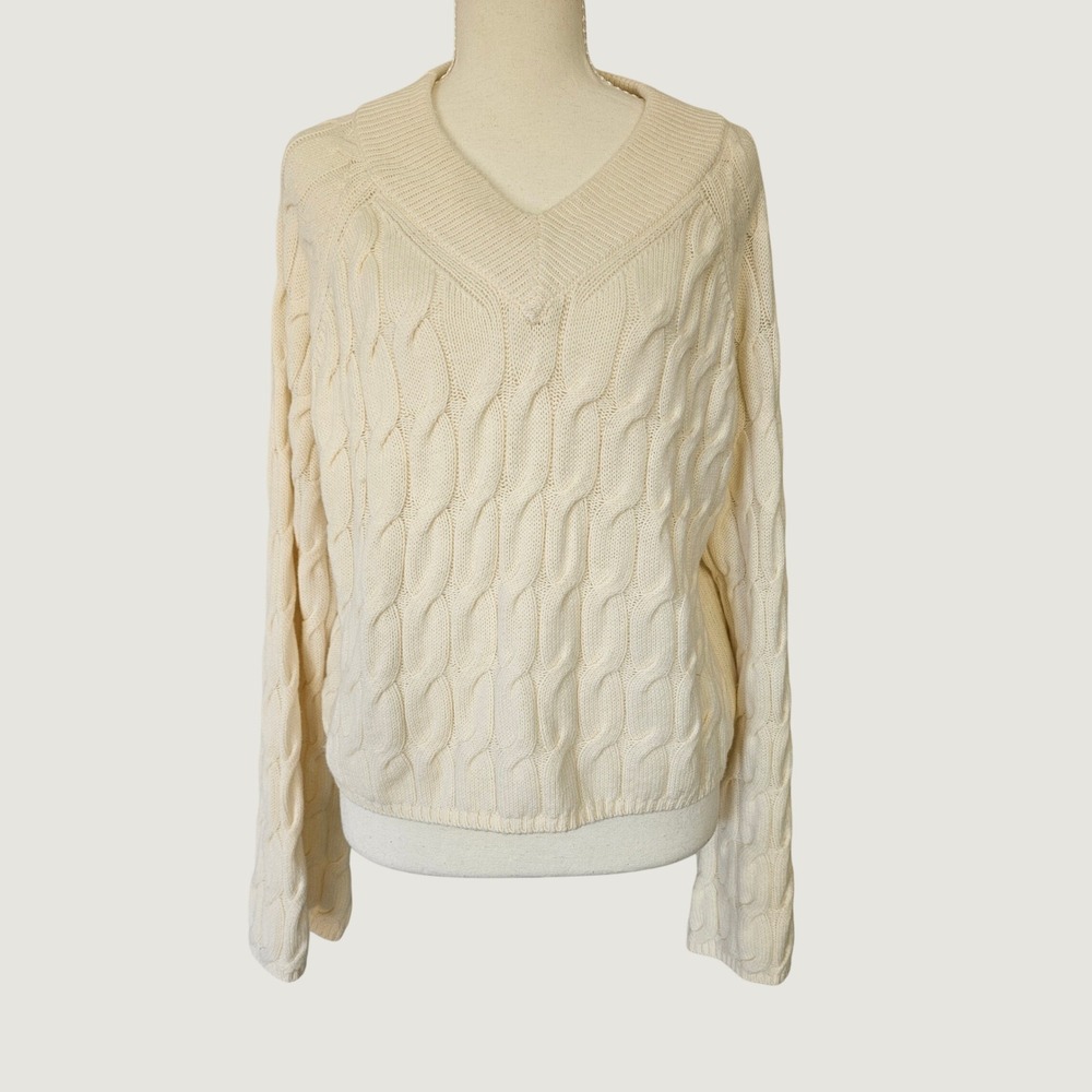 Cable Knit Sweater Women M Ivory V-Neck Wool Blend Fisherman Capsule Coastal
